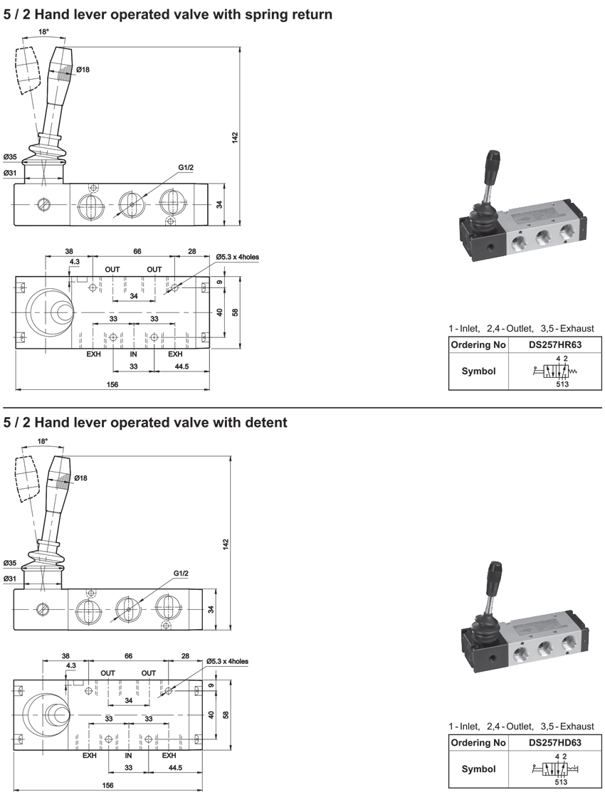 5/2 Hand Lever Valve
